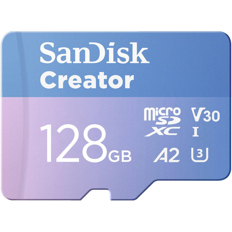 SanDisk Creator microSDXC UHS-I + SD adapter 128 GB (For Smartphones, Camera's and Drones, 5,3K & 4K, A2, C10, V30, U3, Speeds up to 190 MB/s, 3 months Adobe Lightroom included