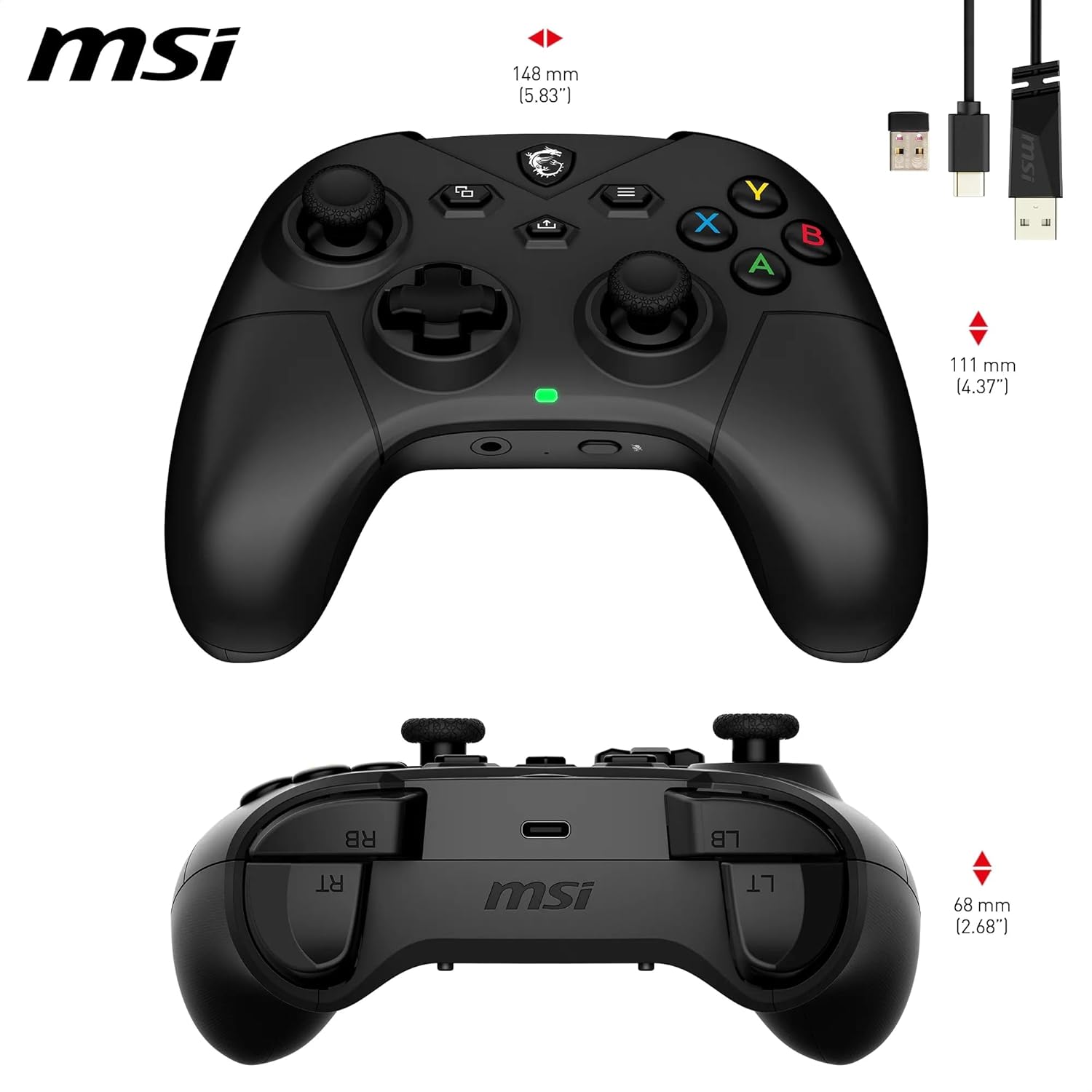 MSI FORCE GC300 WIRELESS PC Gamepad Controller - 2.4 GHz, Bluetooth, USB Type-C a A - Cablato/Wireless, batteria Li-ion da 600mAh(20h), coperture D-Pad intercambiabili, motori a vibrazione duali, nero