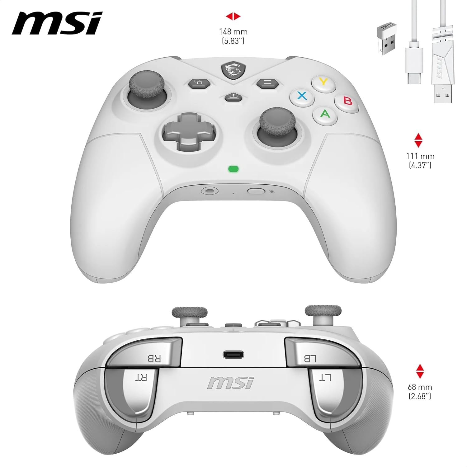 MSI FORCE GC300 WIRELESS WHITE Controller gaming per PC, Connessioni 2.4GHz, USB Type-C to A, Batteria Li-ion 600mAh (20h), D-Pad intercambiabile, doppi motori di vibrazione, cablata/wireless