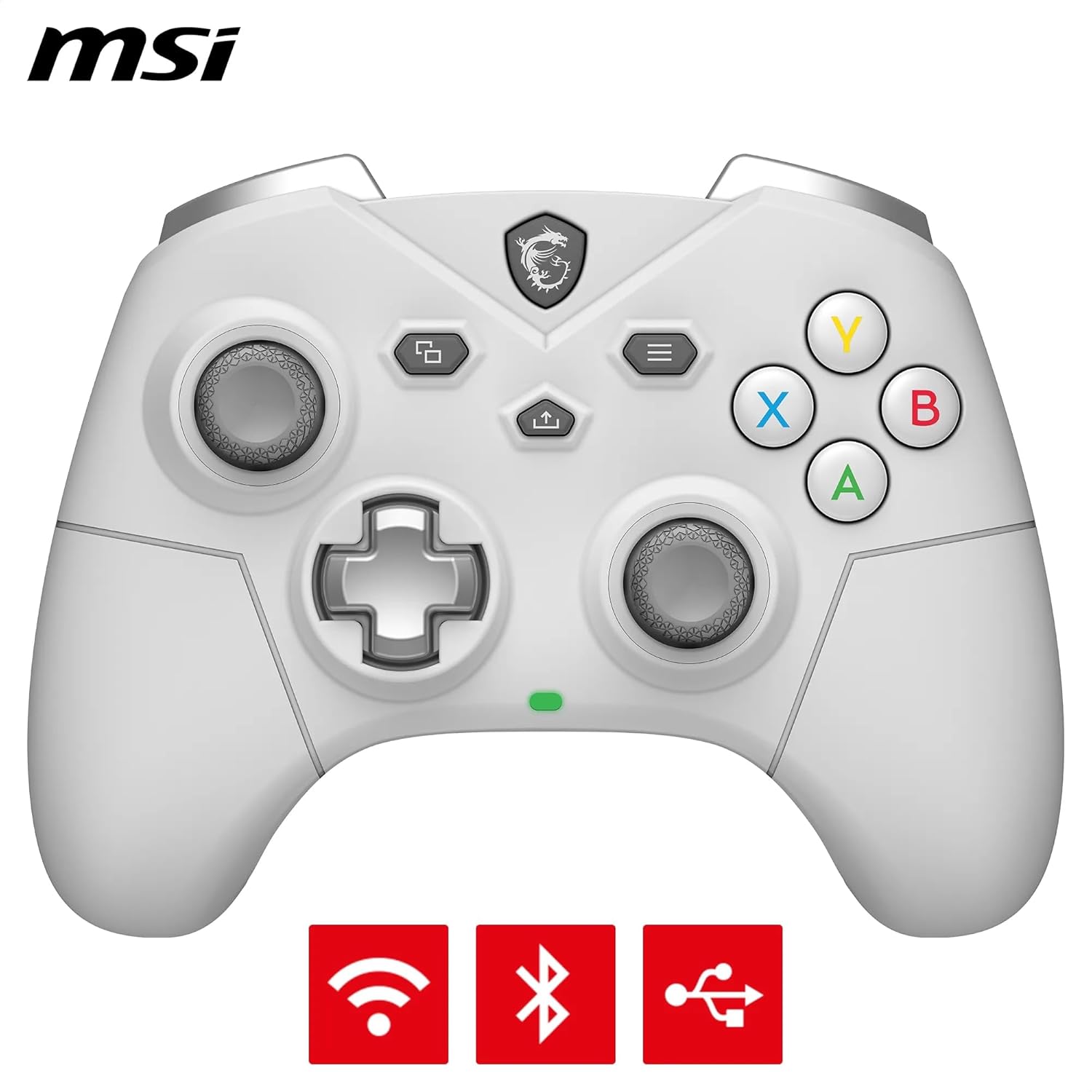 MSI FORCE GC300 WIRELESS WHITE Controller gaming per PC, Connessioni 2.4GHz, USB Type-C to A, Batteria Li-ion 600mAh (20h), D-Pad intercambiabile, doppi motori di vibrazione, cablata/wireless