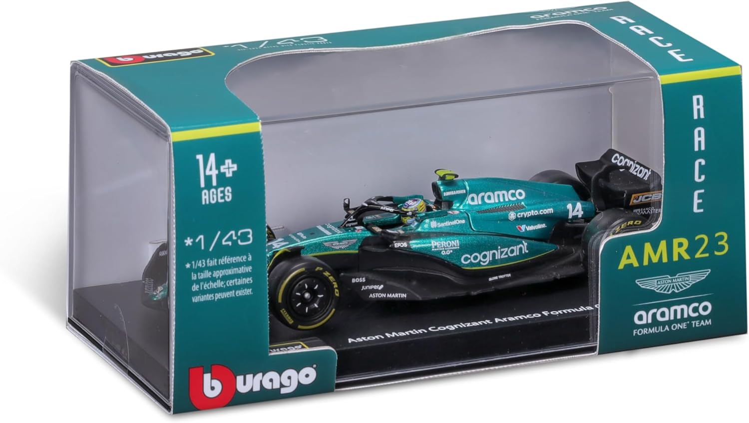 Bburago Formula 1 F1 Asto Martin AMR 23 Alonzo with Helmet (2023) - 1:43 Scale - In credibly Detailed Die-Cast Replica Collectible Race Car