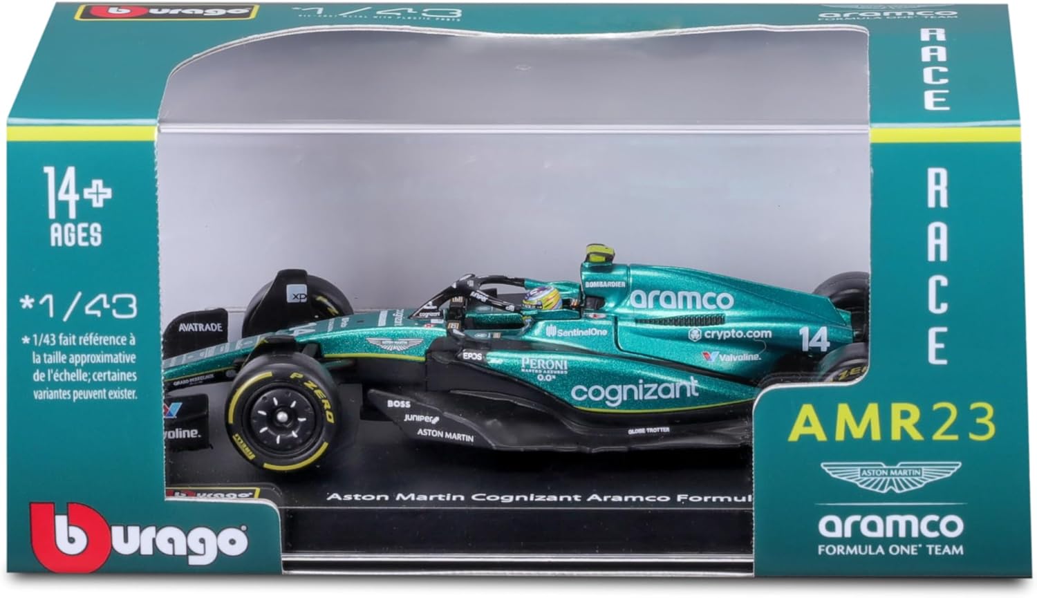 Bburago Formula 1 F1 Asto Martin AMR 23 Alonzo with Helmet (2023) - 1:43 Scale - In credibly Detailed Die-Cast Replica Collectible Race Car