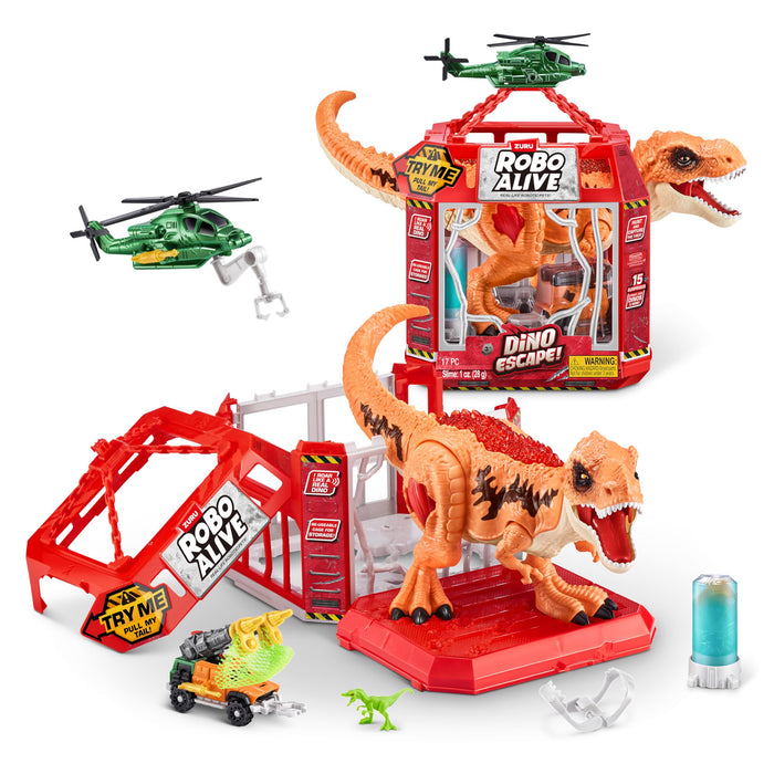 ROBO ALIVE Dino Escape, Series 1, Dinosaur and Helicopter Playset, Battery-Powered Robotic Light Up Toy, (T-Rex