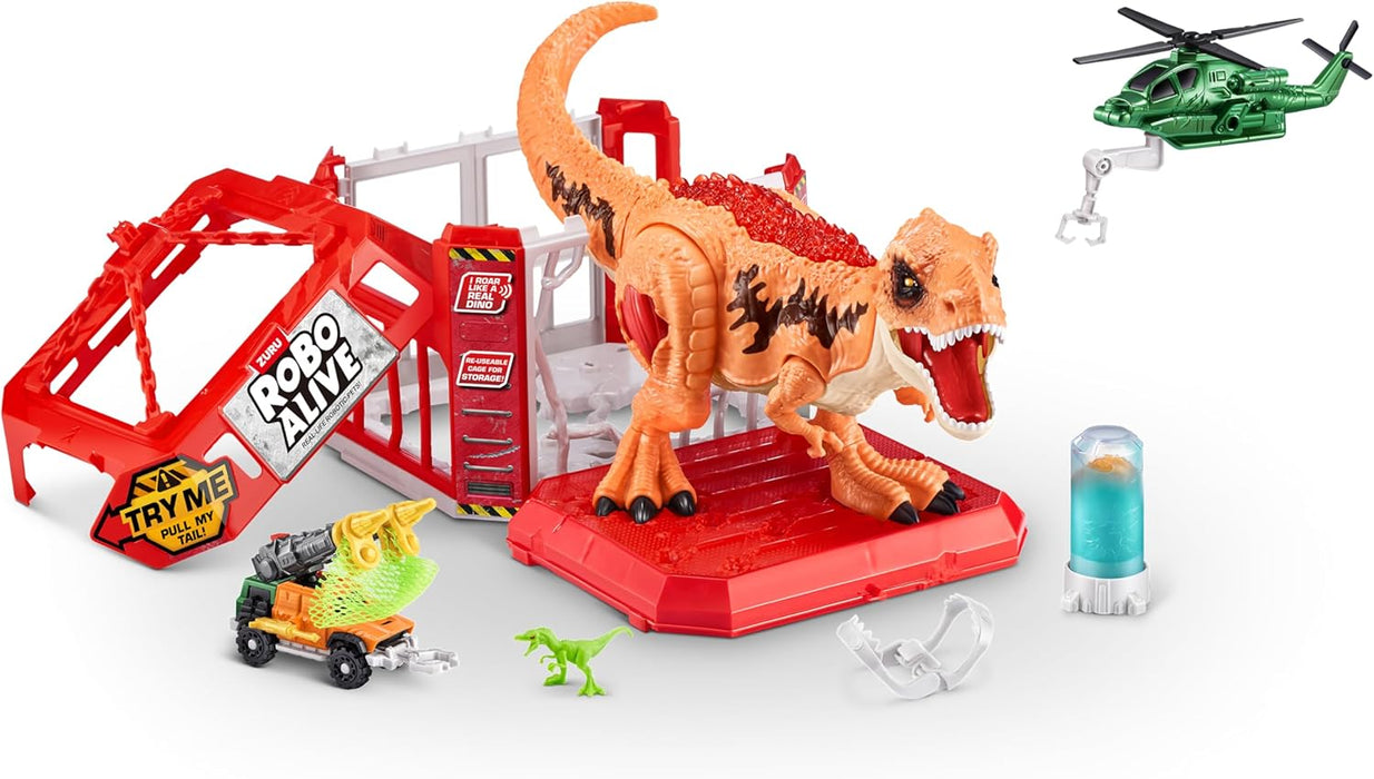 ROBO ALIVE Dino Escape, Series 1, Dinosaur and Helicopter Playset, Battery-Powered Robotic Light Up Toy, (T-Rex