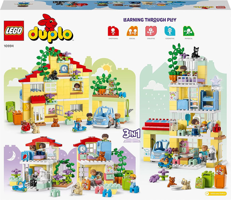 LEGO 10994 DUPLO Town 3in1 Family House, Brick-Built Dolls House with Push&Go Car, 5 Figures, 2 Animals and Light-Up Toy Lamp, Playhouse Toys for Toddlers, Girls and Boys Aged 3+ Single