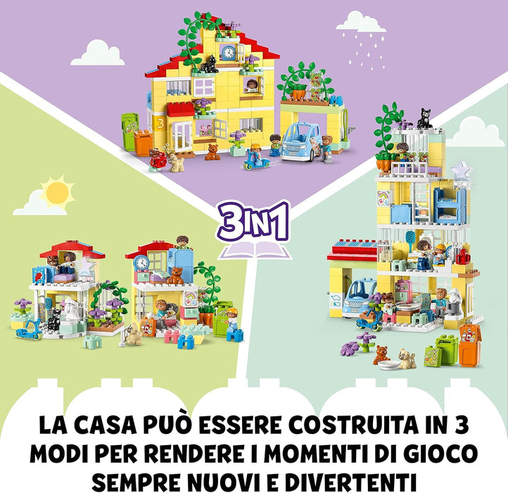 LEGO 10994 DUPLO Town 3in1 Family House, Brick-Built Dolls House with Push&Go Car, 5 Figures, 2 Animals and Light-Up Toy Lamp, Playhouse Toys for Toddlers, Girls and Boys Aged 3+ Single