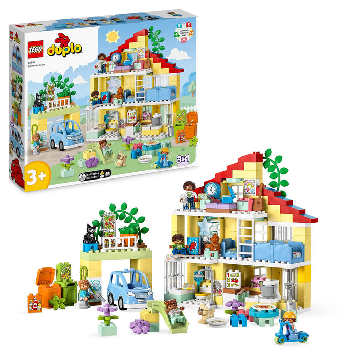 LEGO 10994 DUPLO Town 3in1 Family House, Brick-Built Dolls House with Push&Go Car, 5 Figures, 2 Animals and Light-Up Toy Lamp, Playhouse Toys for Toddlers, Girls and Boys Aged 3+ Single