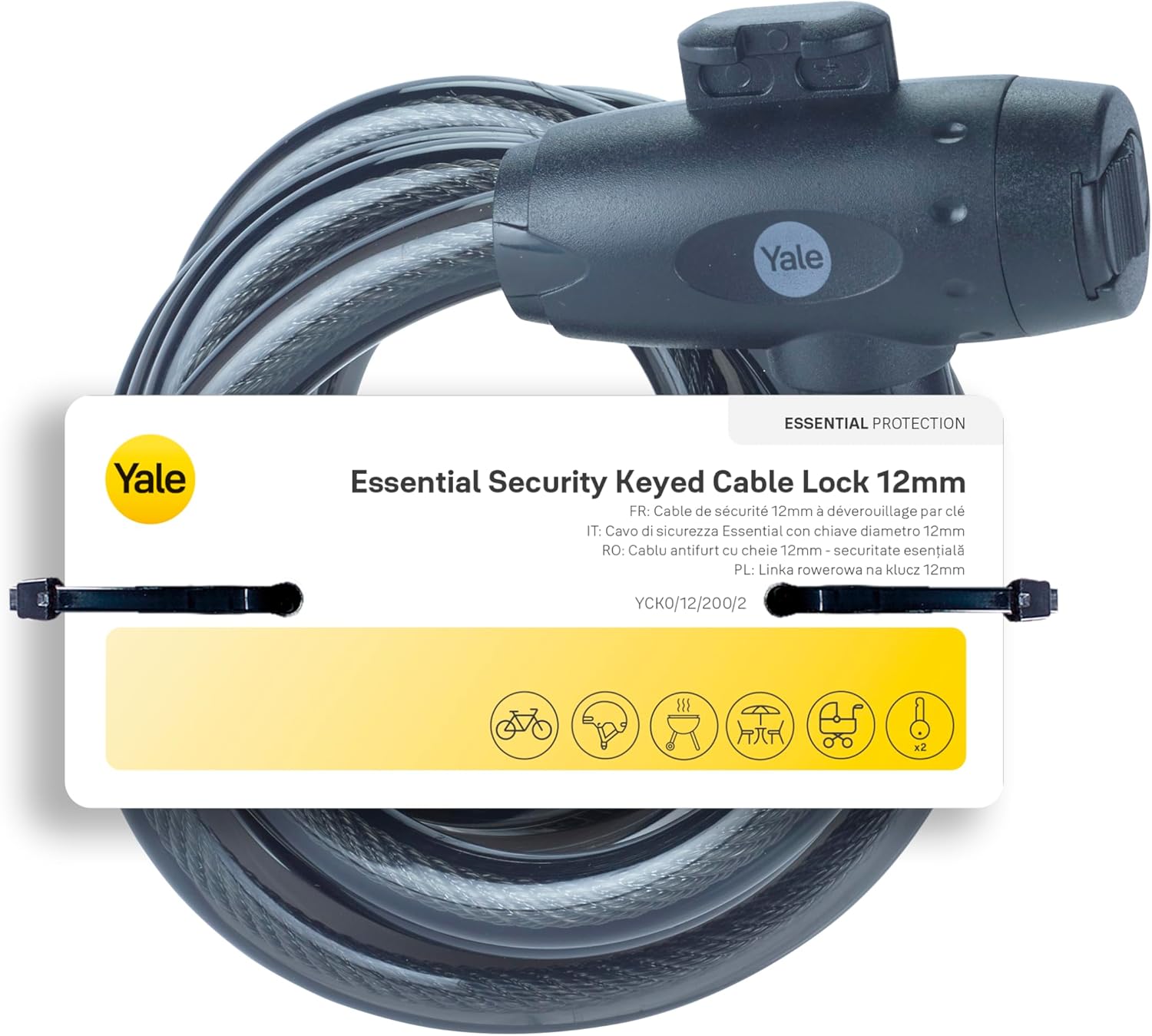 Yale Cavo di sicurezza con chiave Serie Essential YCK0/12/200/2 spessore 12mm, lunghezza cavo 2000mm, Acciaio Trecciato, Incluse 2 Chiavi, Testato con spray salino per 96 Ore, Supporto per Bici