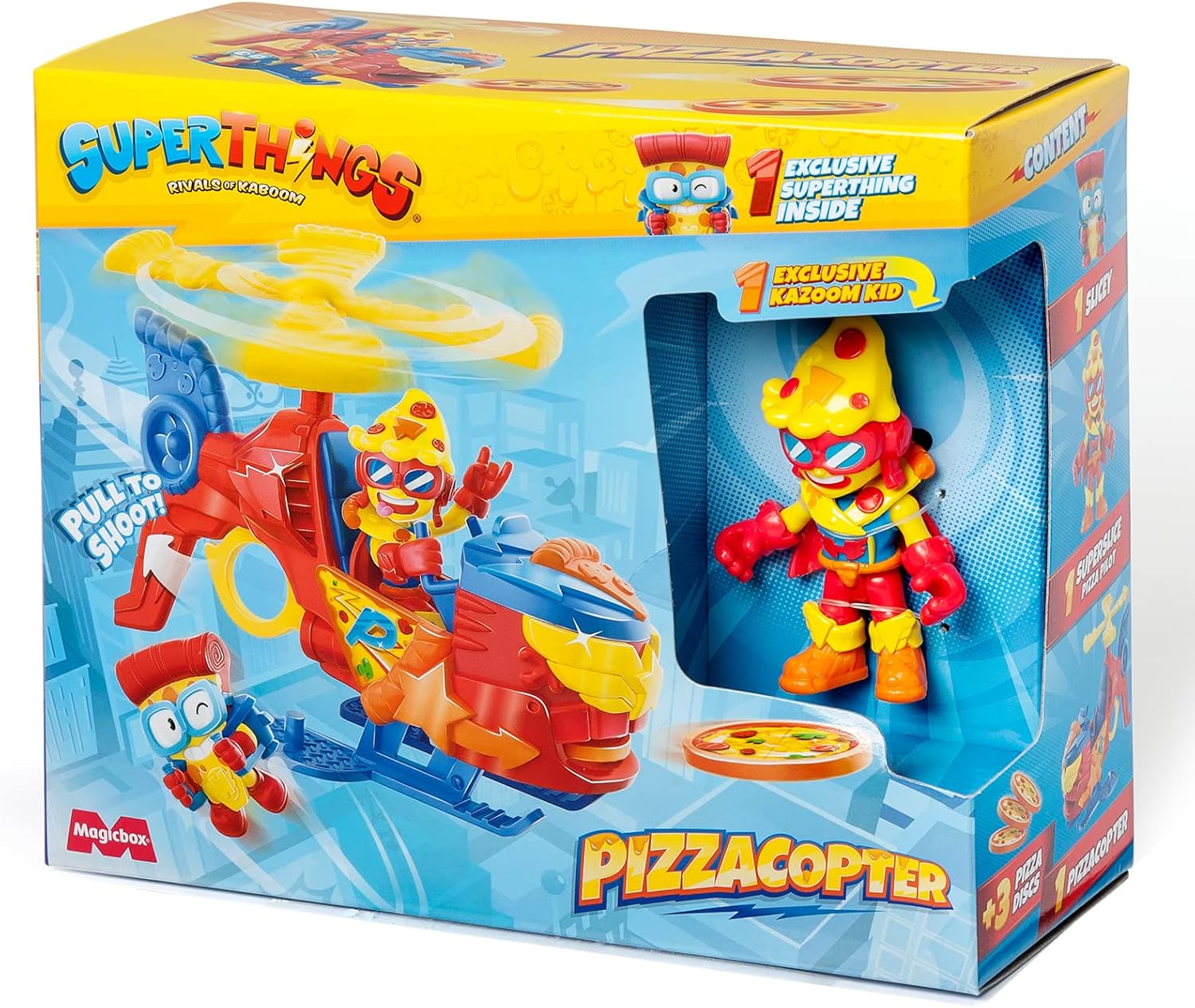 SUPERTHINGS - Pizzacopter. The SuperThings Helicopter with Pizza Disc Launcher. Includes 1 Exclusive Kazoom Kid And 1 Exclusive SuperThing