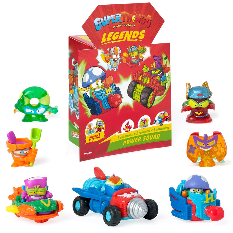 SUPERTHINGS Legends-Power Squad. Superpack of the legendary characters from SuperThings. Includes 6SuperThings, 2 PowerJets, 1 MegaVehicle and 1 ultrarare SuperThing. Contains products from series 1-9