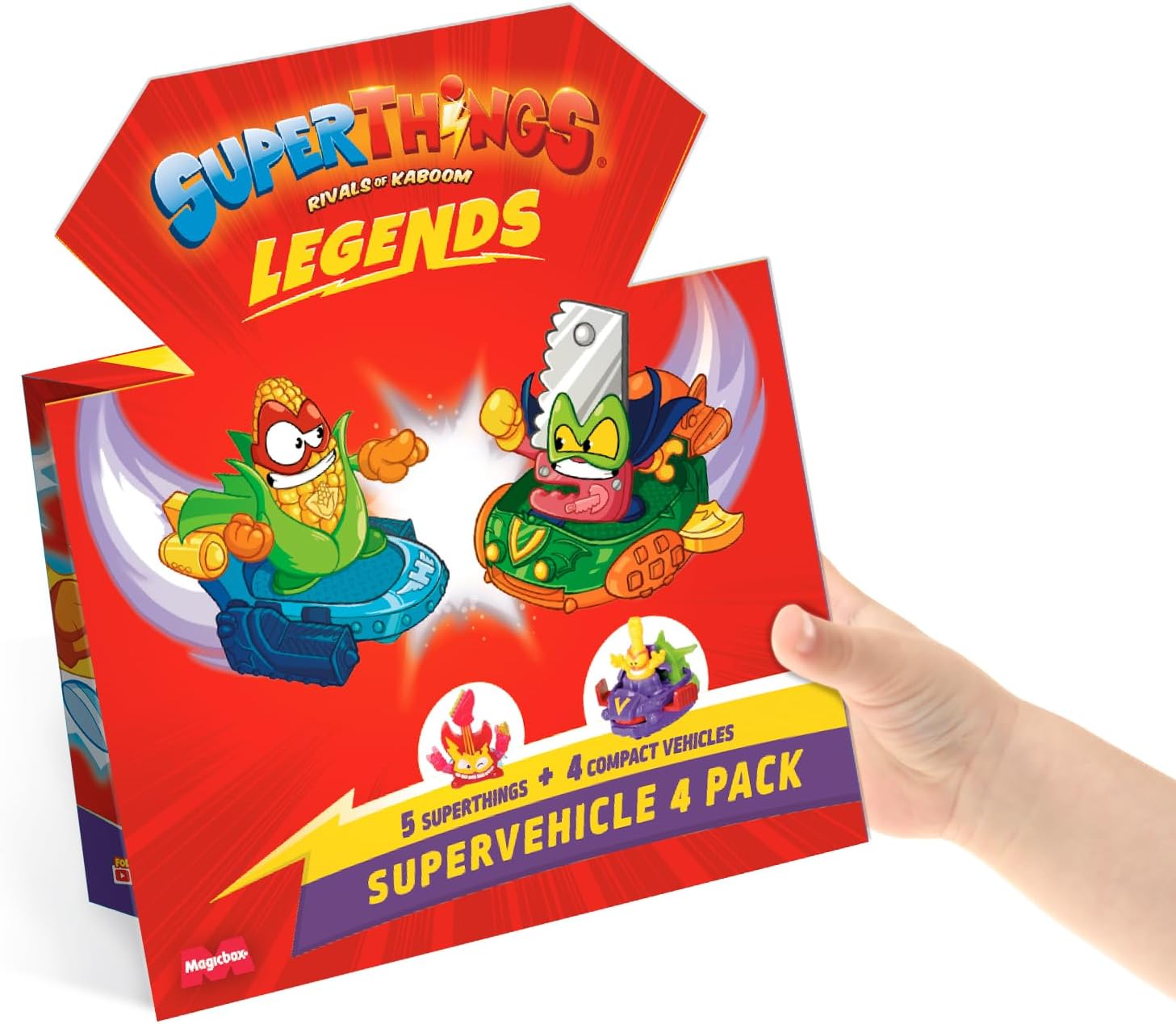 SUPERTHINGS LEGENDS - Super Vehicles 4 Pack. Assorted pack of the most legendary SuperThings characters. Includes 5 SuperThings and 4 vehicles. Contains products from series 1-9