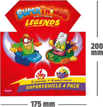 SUPERTHINGS LEGENDS - Super Vehicles 4 Pack. Assorted pack of the most legendary SuperThings characters. Includes 5 SuperThings and 4 vehicles. Contains products from series 1-9