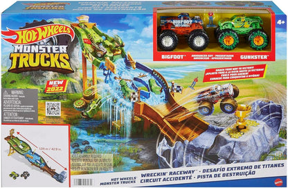 HOT WHEELS TOTAL Monster Trucks Wreckin’ Raceway Playset with Monster Trucks Bigfoot & Gunkster for Head-To-Head Competition, Toy for Kids 3 Years Old & OIder