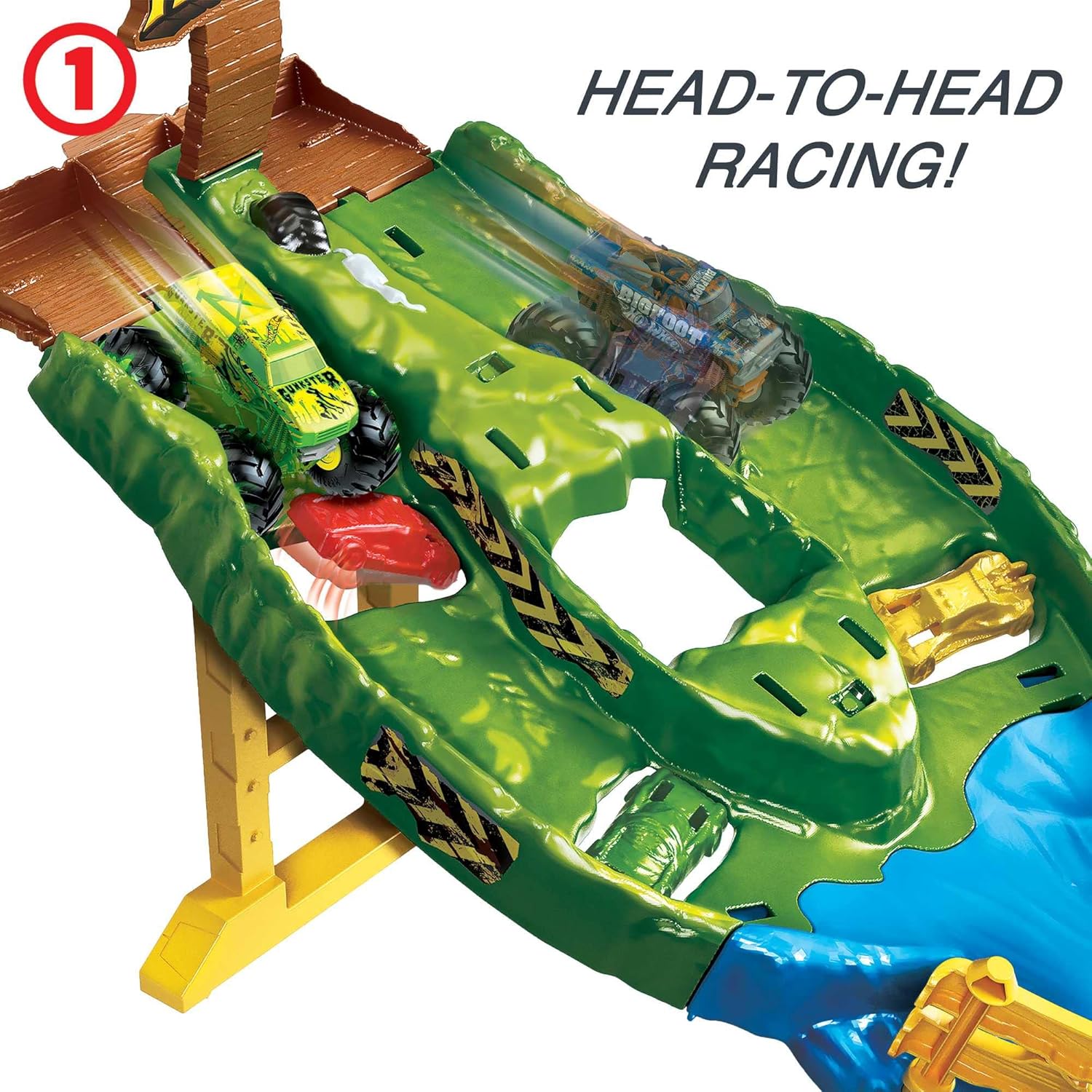 HOT WHEELS TOTAL Monster Trucks Wreckin’ Raceway Playset with Monster Trucks Bigfoot & Gunkster for Head-To-Head Competition, Toy for Kids 3 Years Old & OIder