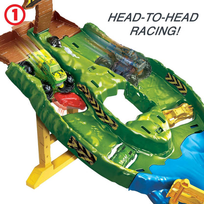 HOT WHEELS TOTAL Monster Trucks Wreckin’ Raceway Playset with Monster Trucks Bigfoot & Gunkster for Head-To-Head Competition, Toy for Kids 3 Years Old & OIder