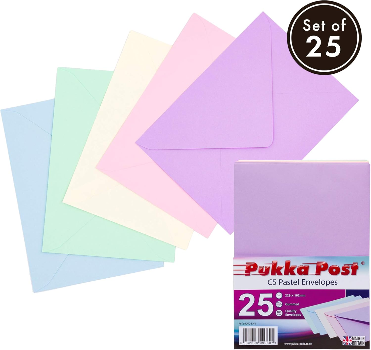 Pukka Pad, Pukka Post & Packaging Gummed Envelopes - Pack of 25, Ready-to-Seal, Durable 100GSM Postal Envelopes for Letters, Invitations, and Other Mail - 229 x 162 mm, Size C5, Pastels
