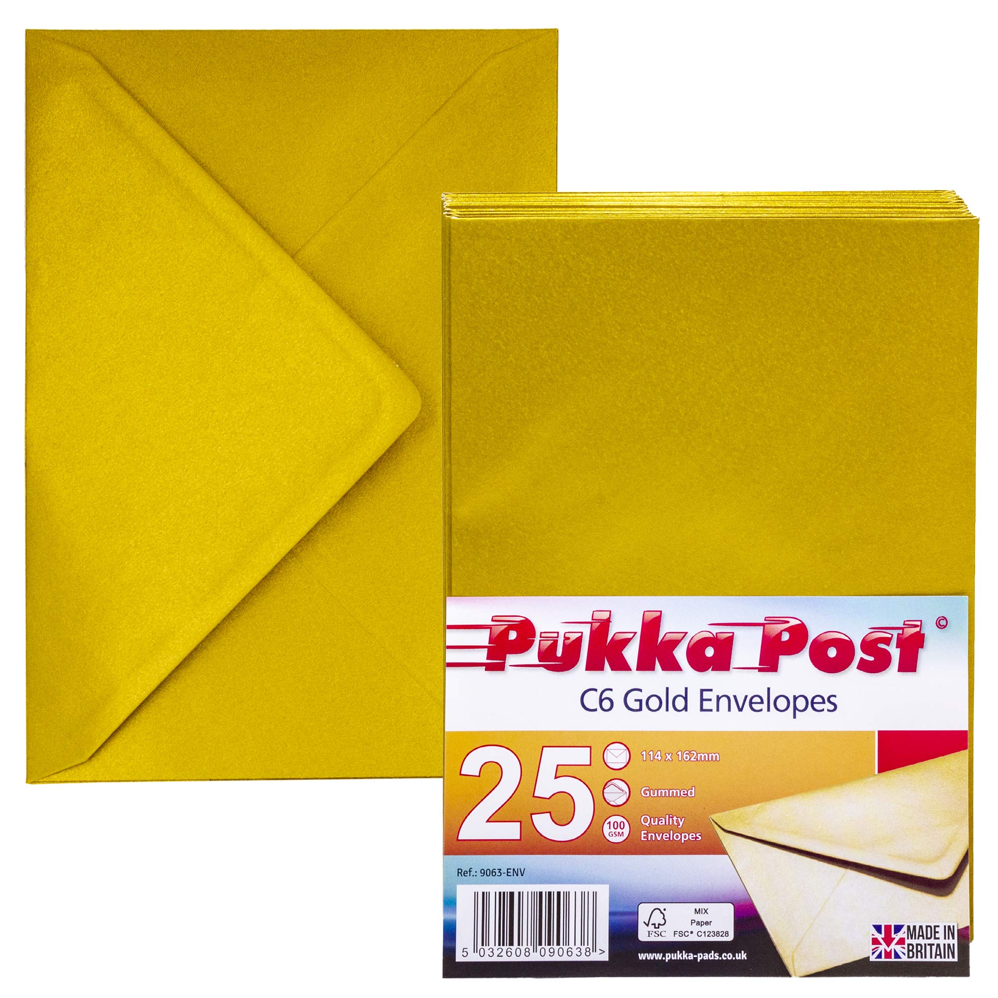 Pukka Pad, Pukka Post & Packaging Gummed Envelopes - Pack of 25, Ready-to-Seal, Durable 100GSM Postal Envelopes for Letters, Invitations, and Other Mail - 114 x 162mm, Size C6, Gold