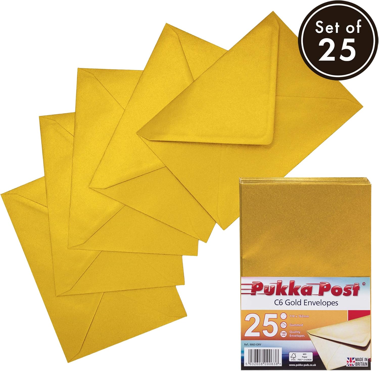 Pukka Pad, Pukka Post & Packaging Gummed Envelopes - Pack of 25, Ready-to-Seal, Durable 100GSM Postal Envelopes for Letters, Invitations, and Other Mail - 114 x 162mm, Size C6, Gold