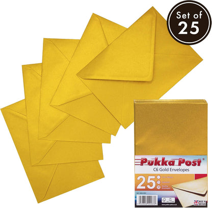 Pukka Pad, Pukka Post & Packaging Gummed Envelopes - Pack of 25, Ready-to-Seal, Durable 100GSM Postal Envelopes for Letters, Invitations, and Other Mail - 114 x 162mm, Size C6, Gold