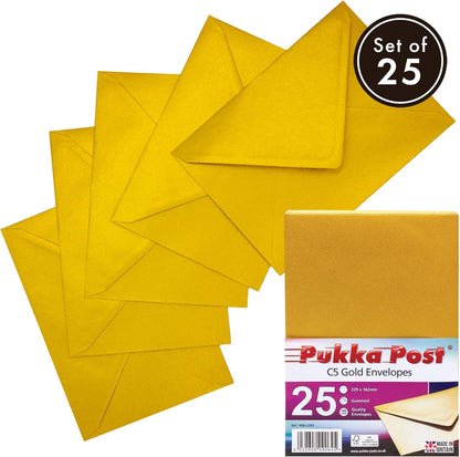 Pukka Pad, Pukka Post & Packaging Gummed Envelopes - Pack of 25, Ready-to-Seal, Durable 100GSM Postal Envelopes for Letters, Invitations, and Other Mail - 229 x 162 mm, Size C5, Gold