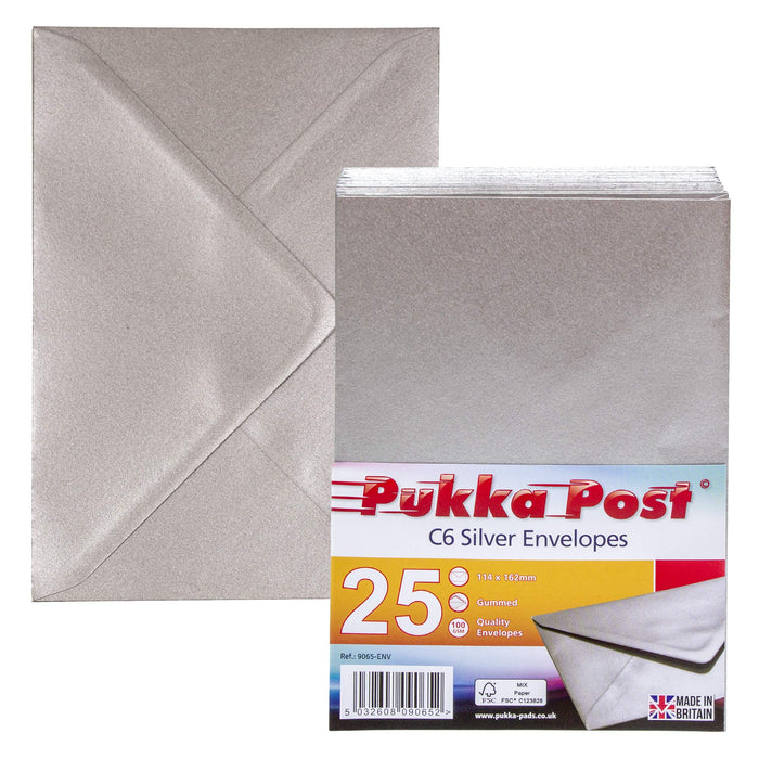 Pukka Pad, Pukka Post & Packaging Gummed Envelopes - Pack of 25, Ready-to-Seal, Durable 100GSM Postal Envelopes for Letters, Invitations, and Other Mail - 114 x 162mm, Size C6, Silver