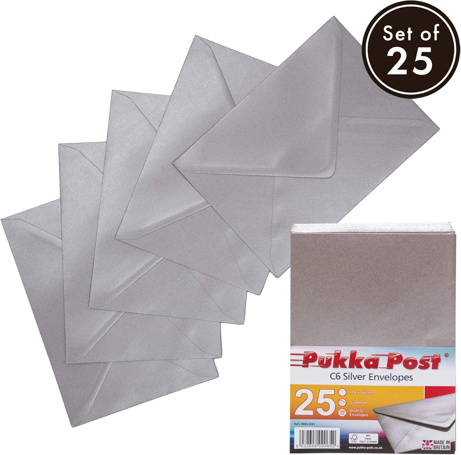Pukka Pad, Pukka Post & Packaging Gummed Envelopes - Pack of 25, Ready-to-Seal, Durable 100GSM Postal Envelopes for Letters, Invitations, and Other Mail - 114 x 162mm, Size C6, Silver