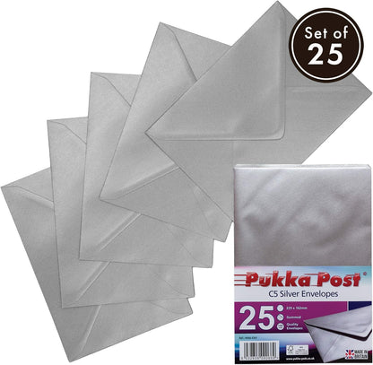 Pukka Pad, Pukka Post & Packaging Gummed Envelopes - Pack of 25, Ready-to-Seal, Durable 100GSM Postal Envelopes for Letters, Invitations, and Other Mail - 229 x 162 mm, Size C5, Silver