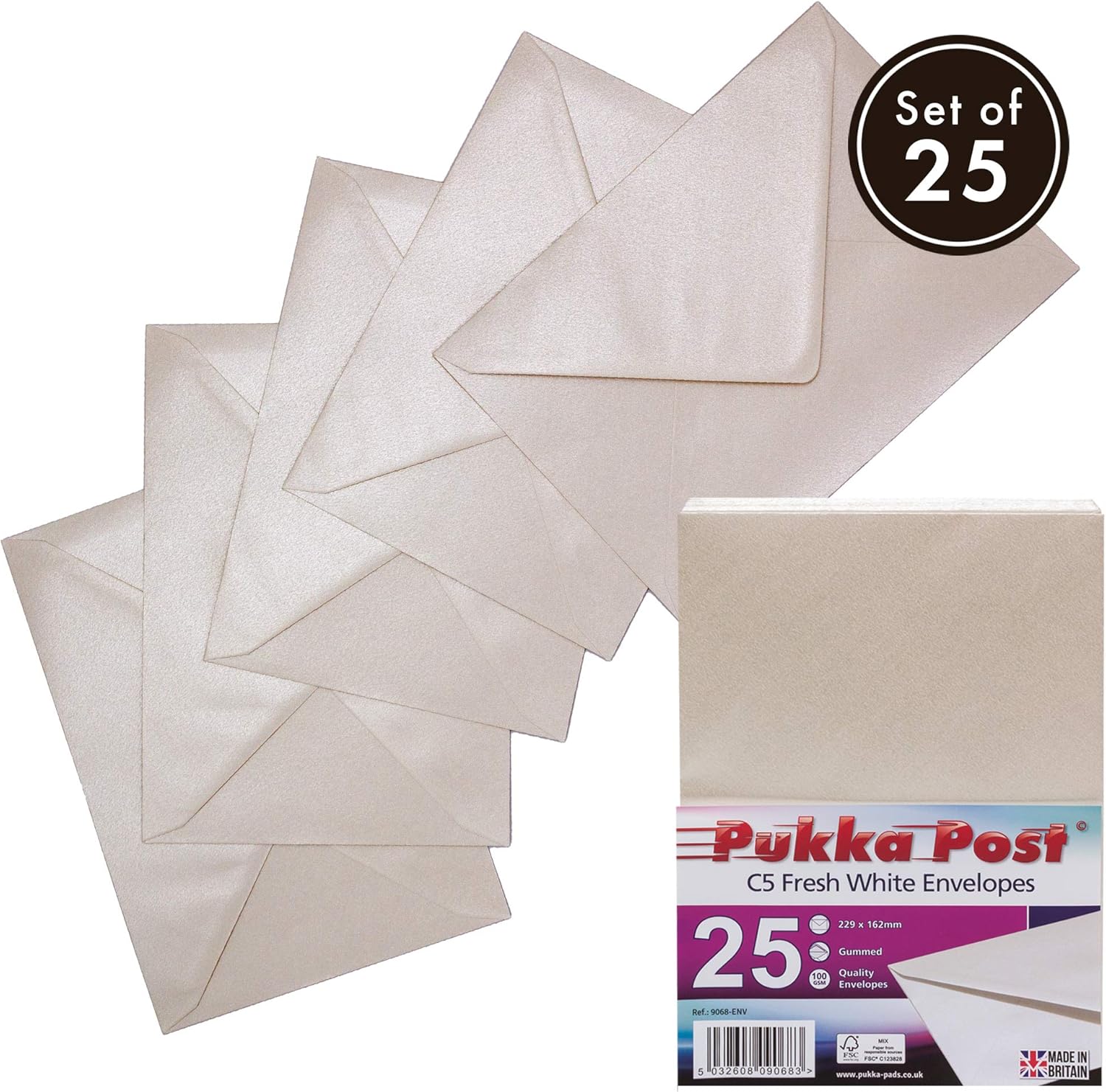Pukka Pad, Pukka Post & Packaging Gummed Envelopes - Pack of 25, Ready-to-Seal, Durable 100GSM Postal Envelopes for Letters, Invitations, and Other Mail - 229 x 162 mm, Size C5, Fresh White