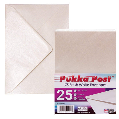 Pukka Pad, Pukka Post & Packaging Gummed Envelopes - Pack of 25, Ready-to-Seal, Durable 100GSM Postal Envelopes for Letters, Invitations, and Other Mail - 229 x 162 mm, Size C5, Fresh White