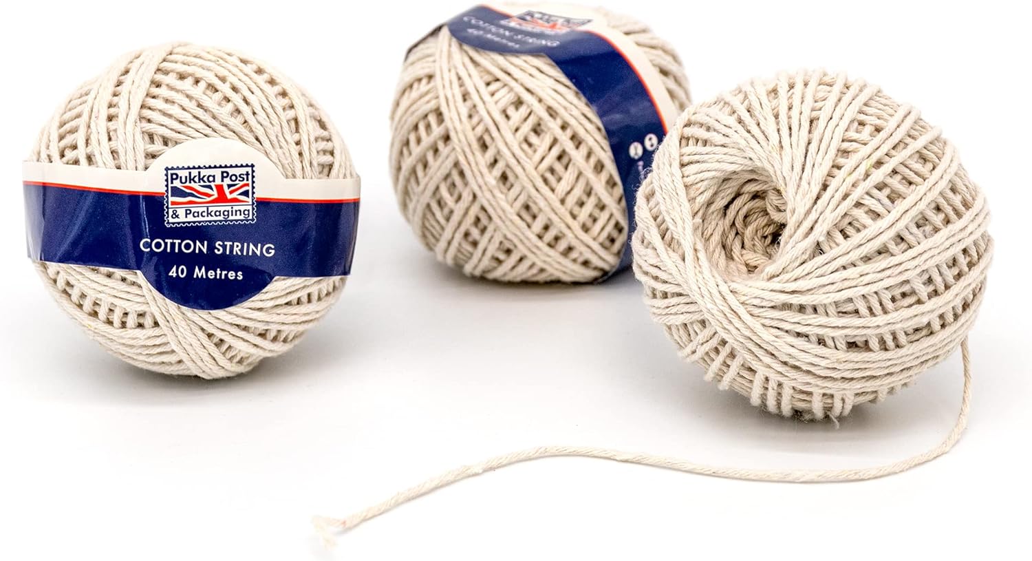 Pukka Pad, Pukka Post and Packaging - Bola de hilo de algodón para embalaje, manualidades y bricolaje, paquete de 4 bolas de 40 m cada una, sin plástico, embalaje totalmente reciclable