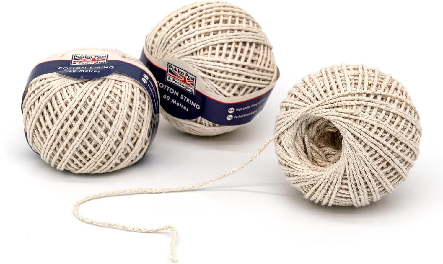 PUKKA POST & PACKAGING Cotton String Ball – For Packaging, Crafting, and DIY – Pack of 4 Balls Measuring 60m Each – Plastic-Free, Fully Recyclable Packaging