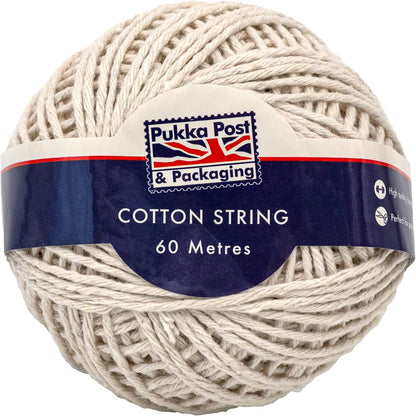 PUKKA POST & PACKAGING Cotton String Ball – For Packaging, Crafting, and DIY – Pack of 4 Balls Measuring 60m Each – Plastic-Free, Fully Recyclable Packaging