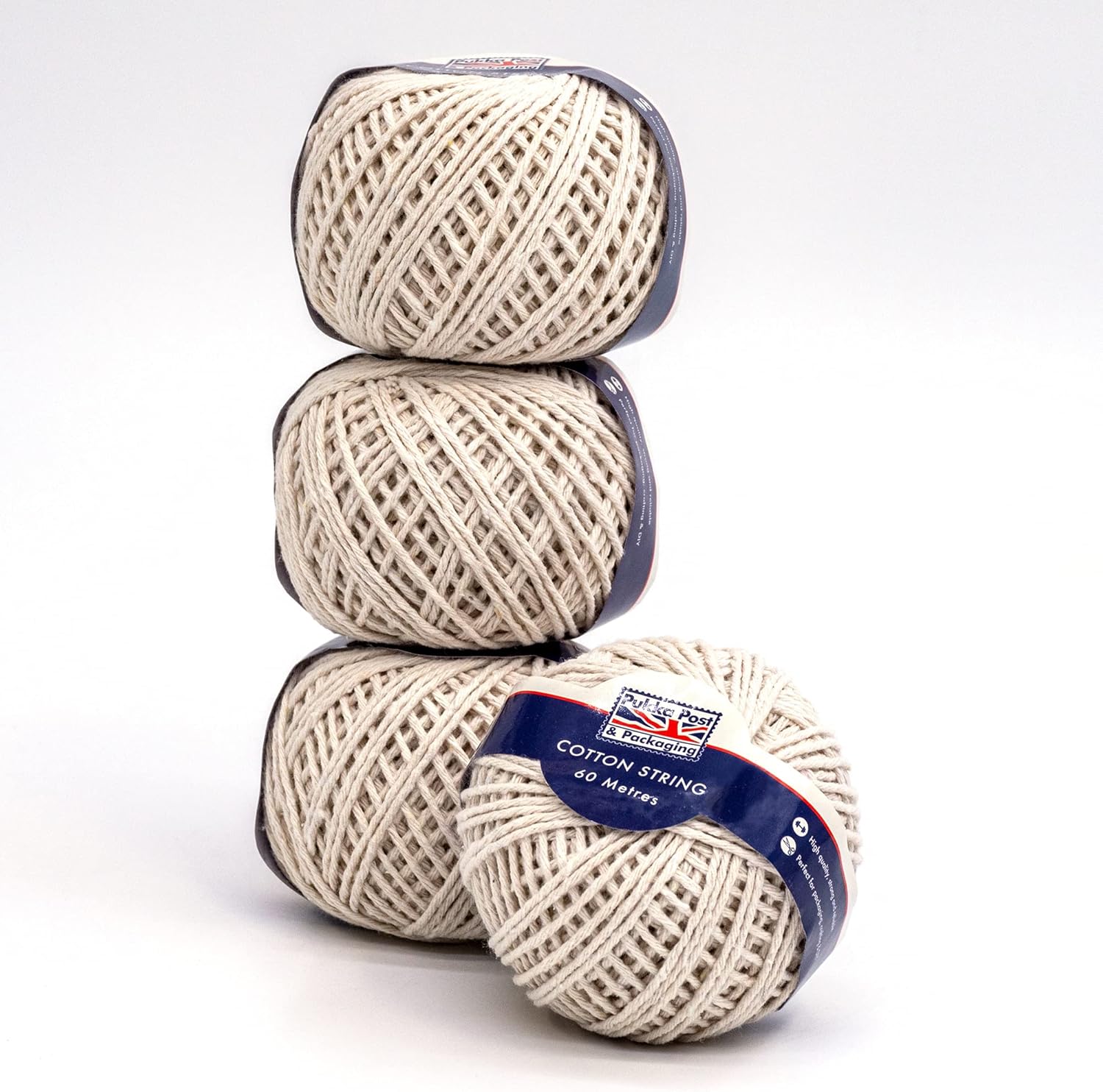 PUKKA POST & PACKAGING Cotton String Ball – For Packaging, Crafting, and DIY – Pack of 4 Balls Measuring 60m Each – Plastic-Free, Fully Recyclable Packaging
