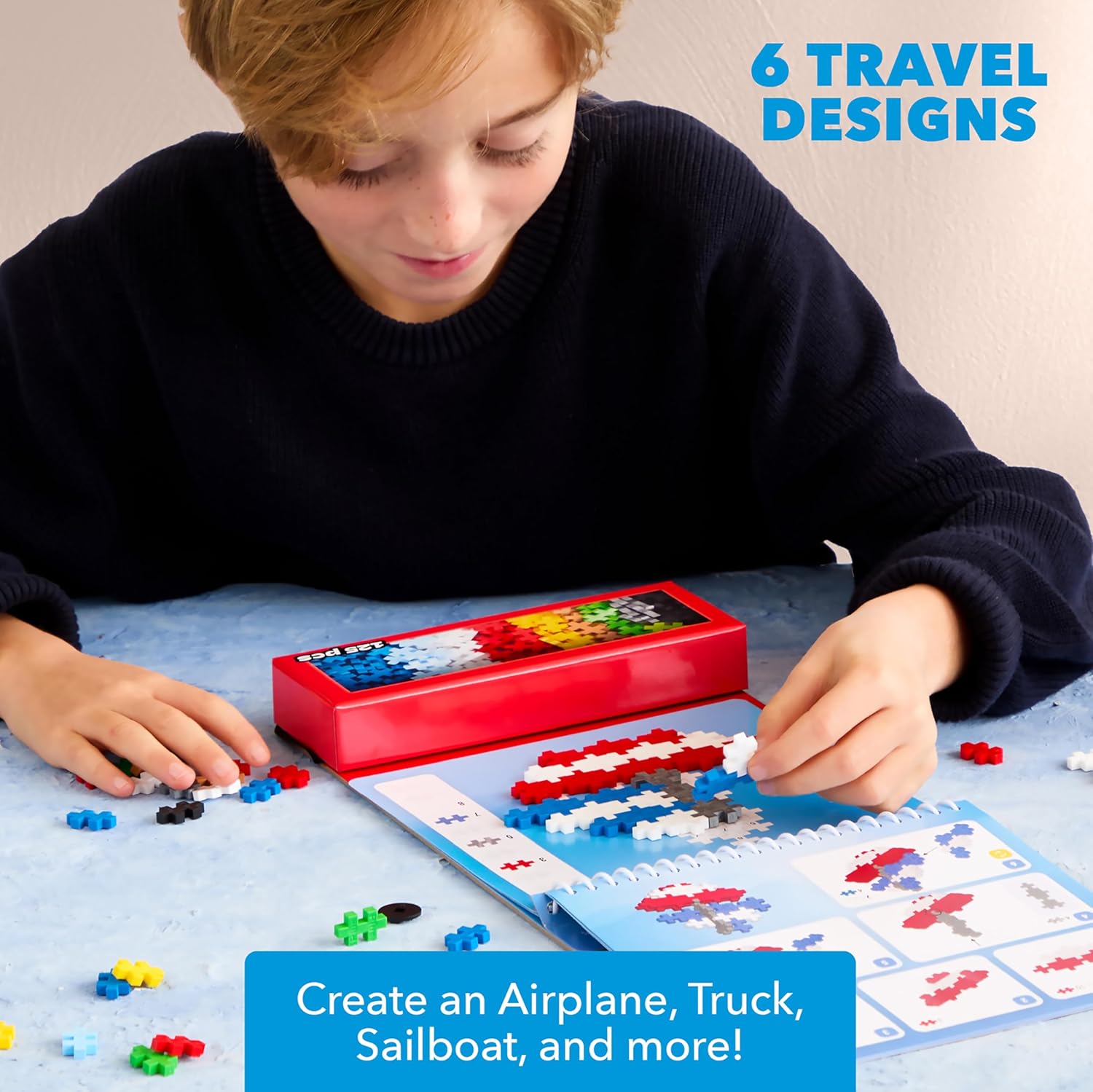 Plus Plus Travel Toys - Building Blocks Puzzle Play, Ideal Train, Car, or Plane Activities for Kids, 12 Pages with 125 Pieces in Attached Storage, Girls and Boys Toys Age 5 Plus