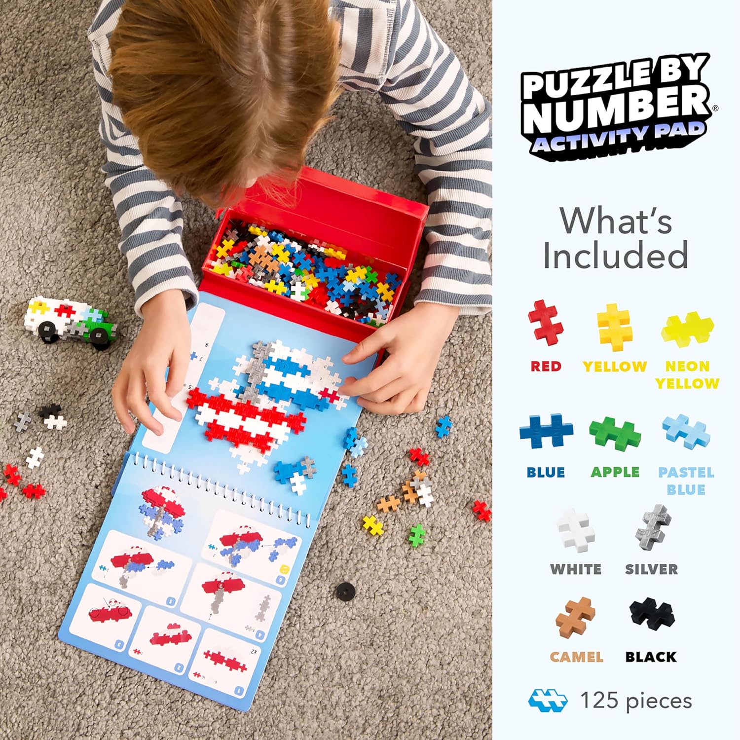 Plus Plus Travel Toys - Building Blocks Puzzle Play, Ideal Train, Car, or Plane Activities for Kids, 12 Pages with 125 Pieces in Attached Storage, Girls and Boys Toys Age 5 Plus