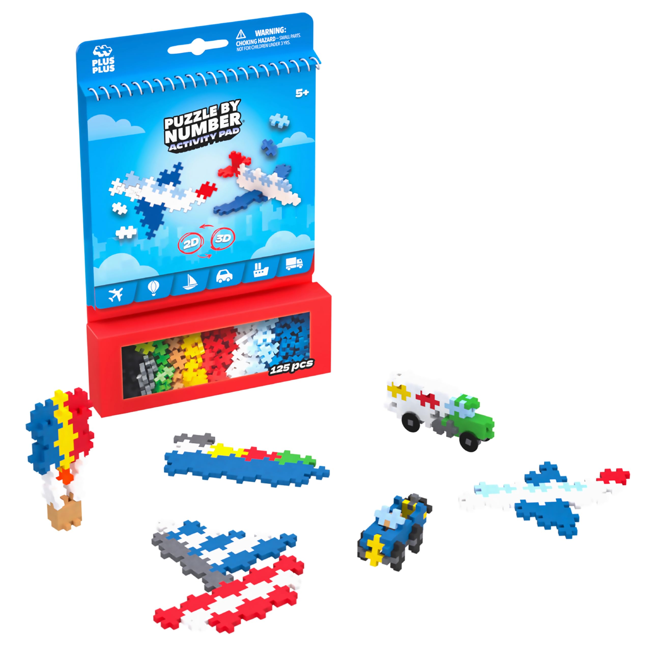 Plus Plus Travel Toys - Building Blocks Puzzle Play, Ideal Train, Car, or Plane Activities for Kids, 12 Pages with 125 Pieces in Attached Storage, Girls and Boys Toys Age 5 Plus