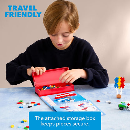 Plus Plus Travel Toys - Building Blocks Puzzle Play, Ideal Train, Car, or Plane Activities for Kids, 12 Pages with 125 Pieces in Attached Storage, Girls and Boys Toys Age 5 Plus