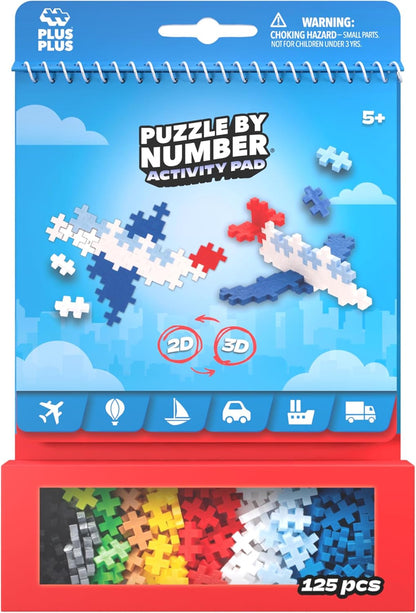 Plus Plus Travel Toys - Building Blocks Puzzle Play, Ideal Train, Car, or Plane Activities for Kids, 12 Pages with 125 Pieces in Attached Storage, Girls and Boys Toys Age 5 Plus