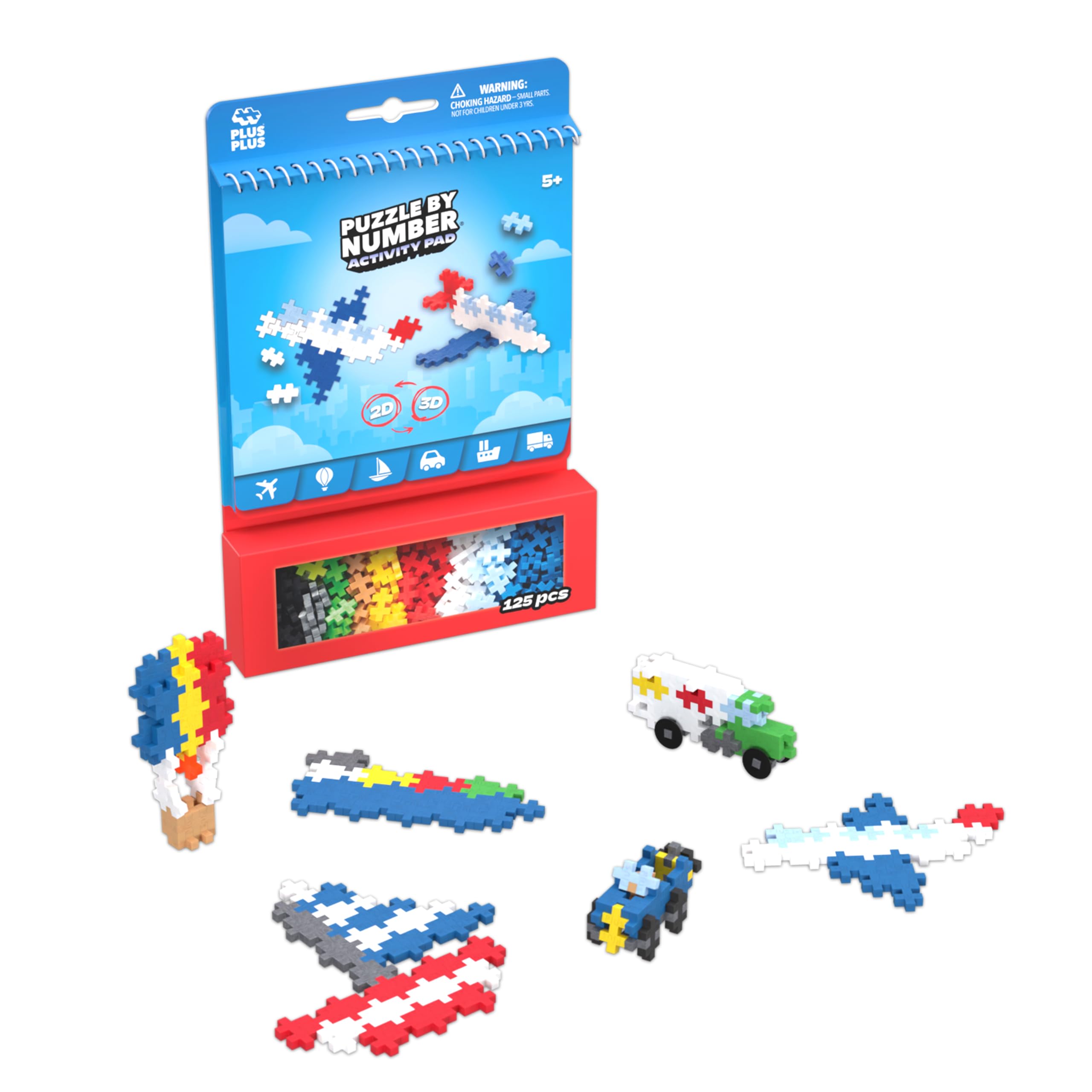 Plus Plus Travel Toys - Building Blocks Puzzle Play, Ideal Train, Car, or Plane Activities for Kids, 12 Pages with 125 Pieces in Attached Storage, Girls and Boys Toys Age 5 Plus