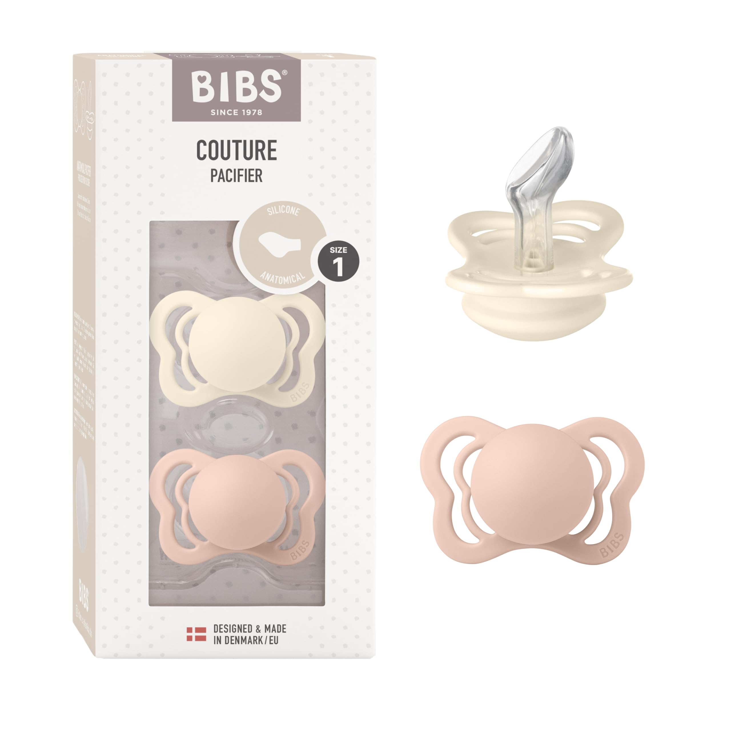 BIBS Couture Speen verpakking van 2 stuks. BPA-vrij, Anatomische speen. Siliconen, Maat 1 (0-6 maanden), Ivory/Blush