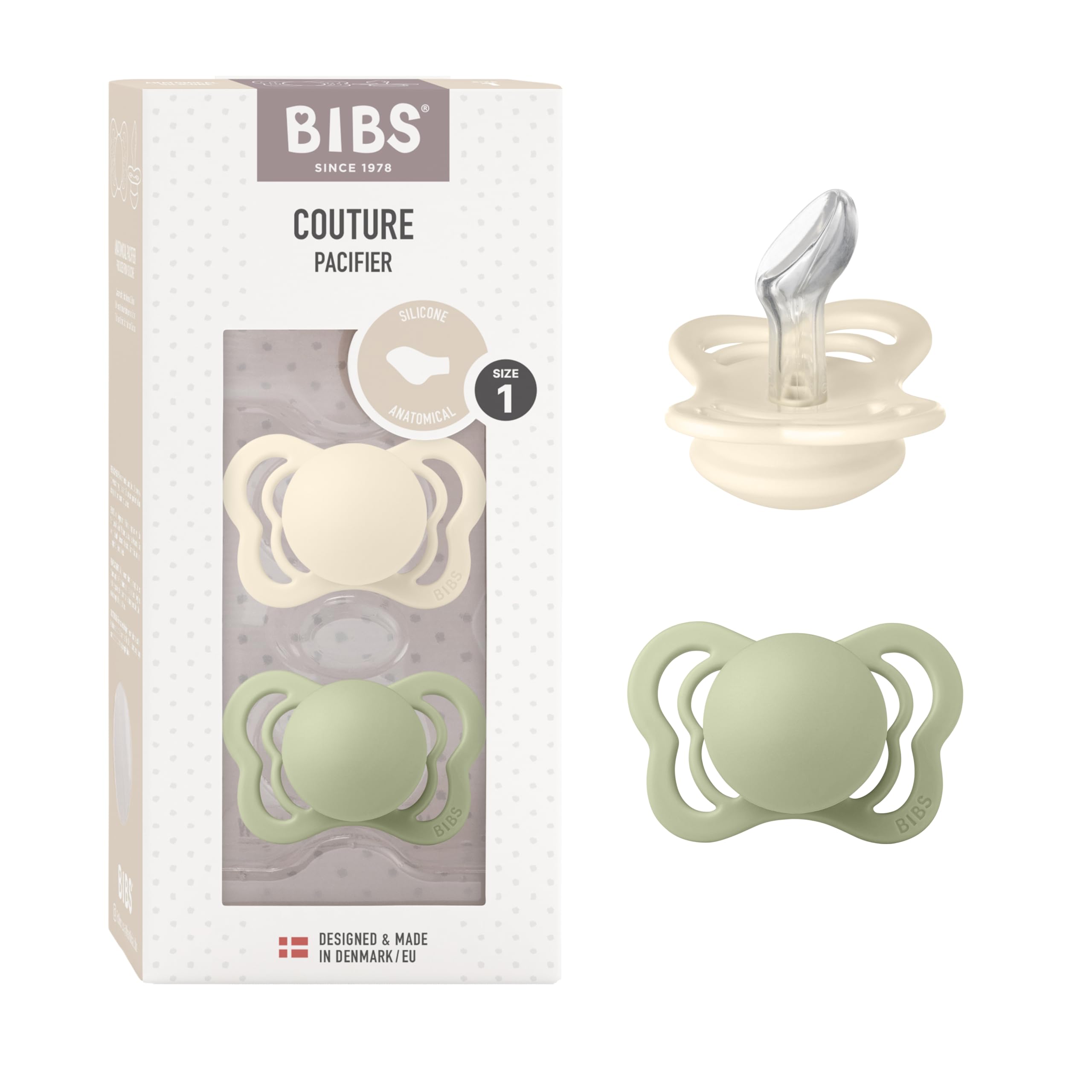 BIBS Couture Speen verpakking van 2 stuks. BPA-vrij, Anatomische speen. Siliconen, Maat 1 (0-6 maanden), Ivory/Sage