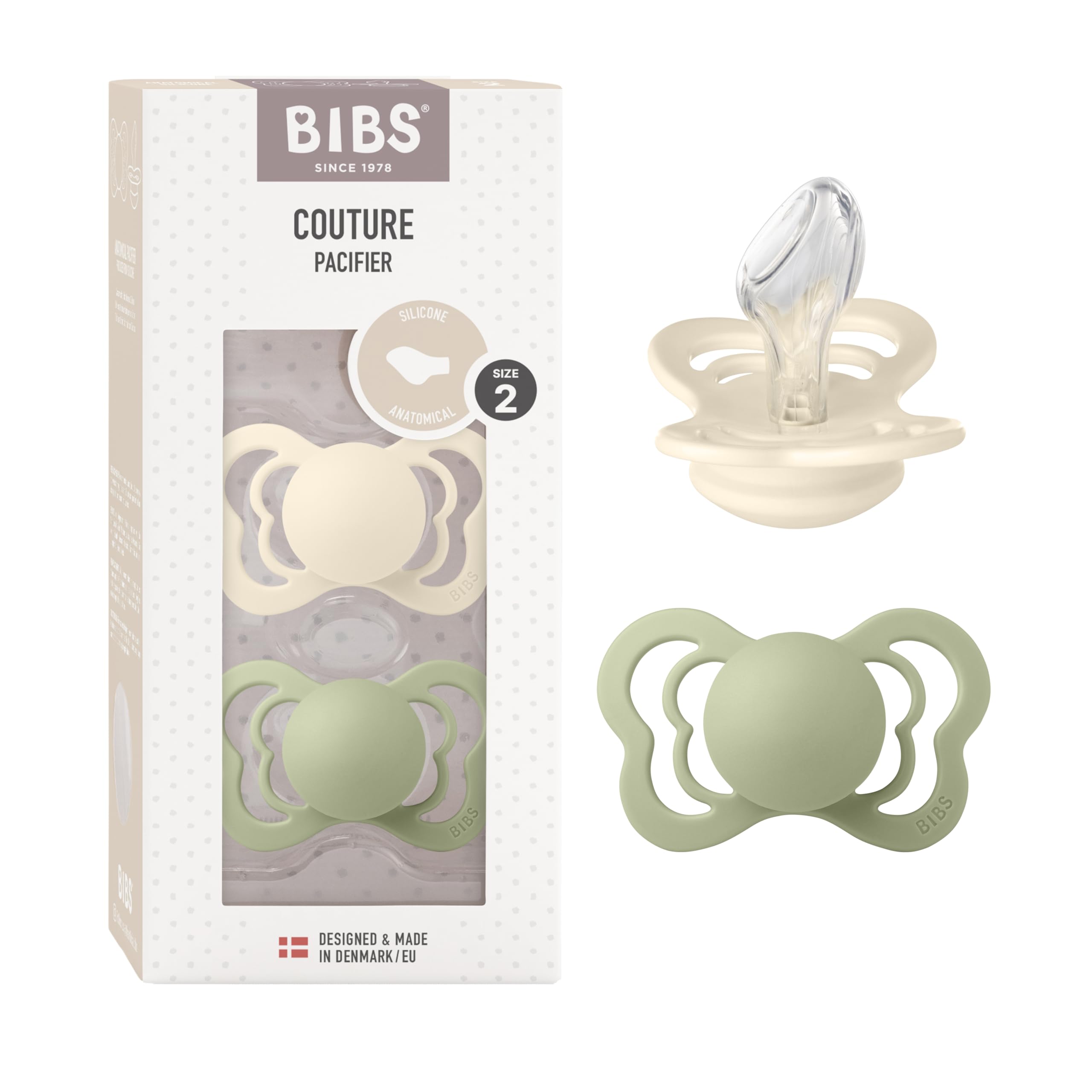 BIBS Couture Speen verpakking van 2 stuks. BPA-vrij, Anatomische speen. Siliconen, Maat 2 (6-18 maanden), Ivory/Sage