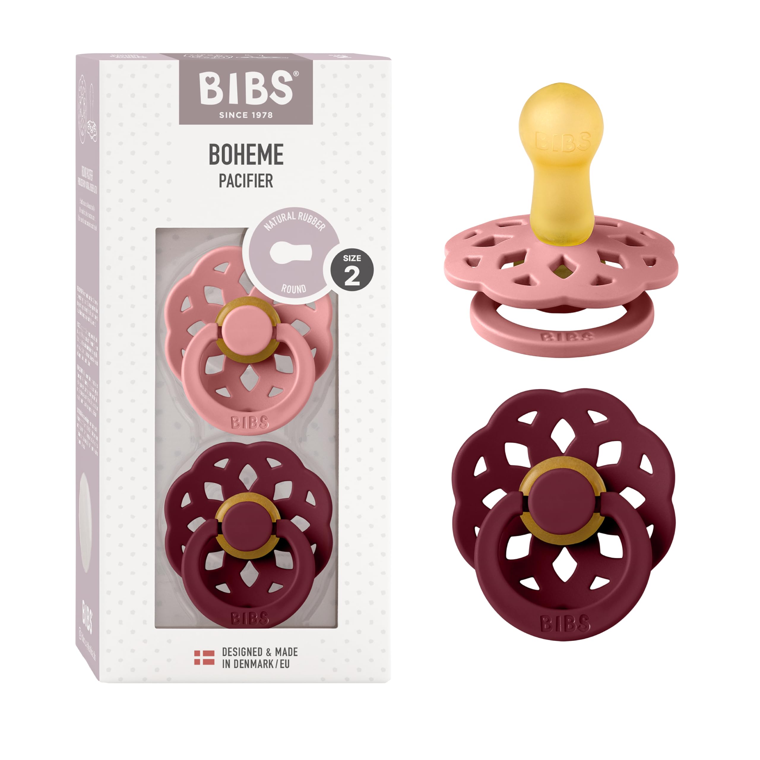 BIBS Boheme Speen verpakking van 2 stuks. BPA-vrij, Ronde speen. Natuurlijk rubberlatex, Gemaakt in Denemarken, Maat 2 (6-18 maanden), Dusty Pink/Elderberry