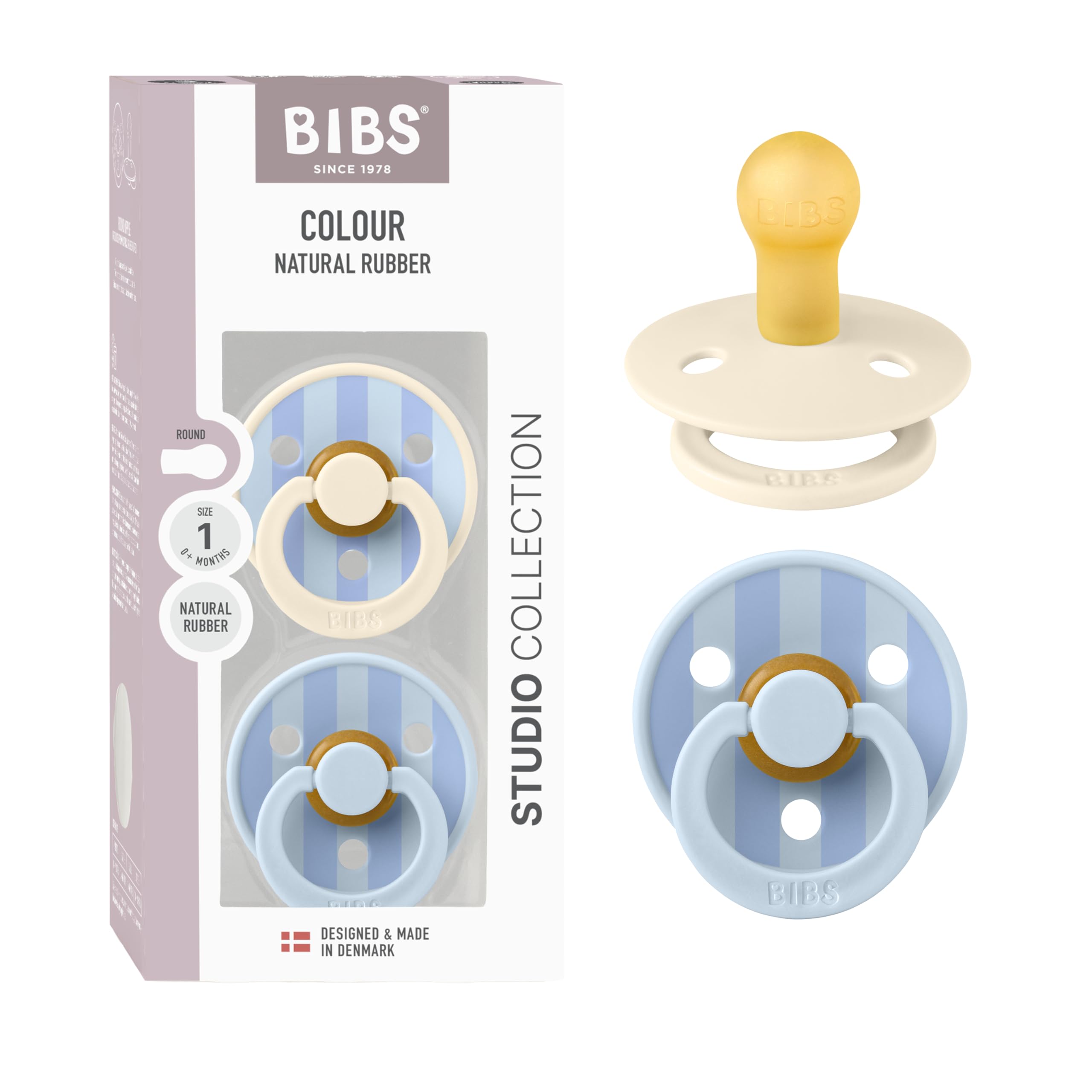 BIBS Colour Studio Speen verpakking van 2 stuks. BPA-vrij, Ronde speen. Natuurlijk rubberlatex, Geproduceerd in Denemarken, Maat 1 (0-6 maanden), Block Baby Blue Dusty Blue