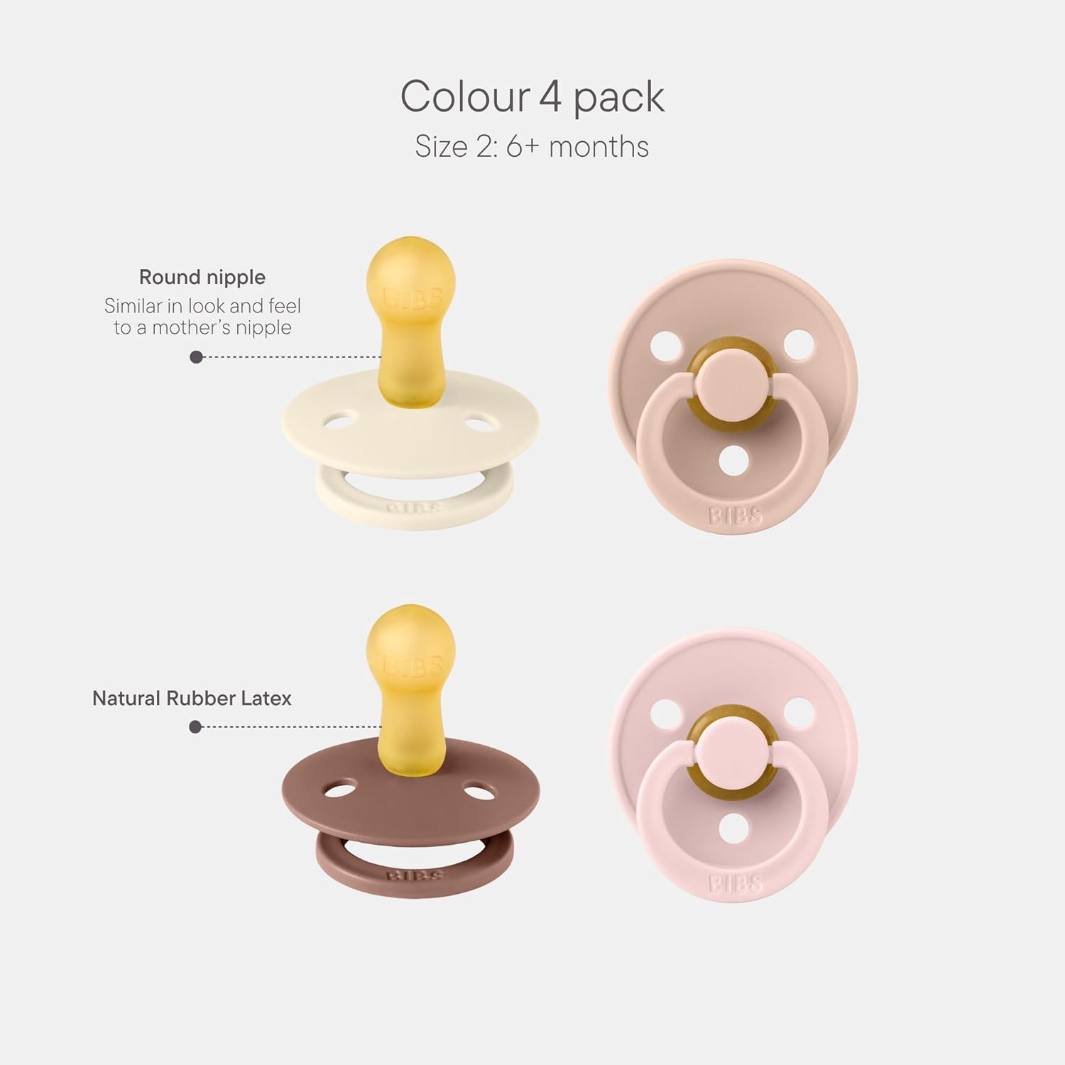 BIBS Colour speen verpakking 4 stuks, BPA-vrije fopspeen, Ronde speen. Natuurlijk rubberlatex, Geproduceerd in Denemarken/EU, Maat 1 (0-6 maanden), Vanilla Mix Vanilla Mix Größe 1 (4er Pack)