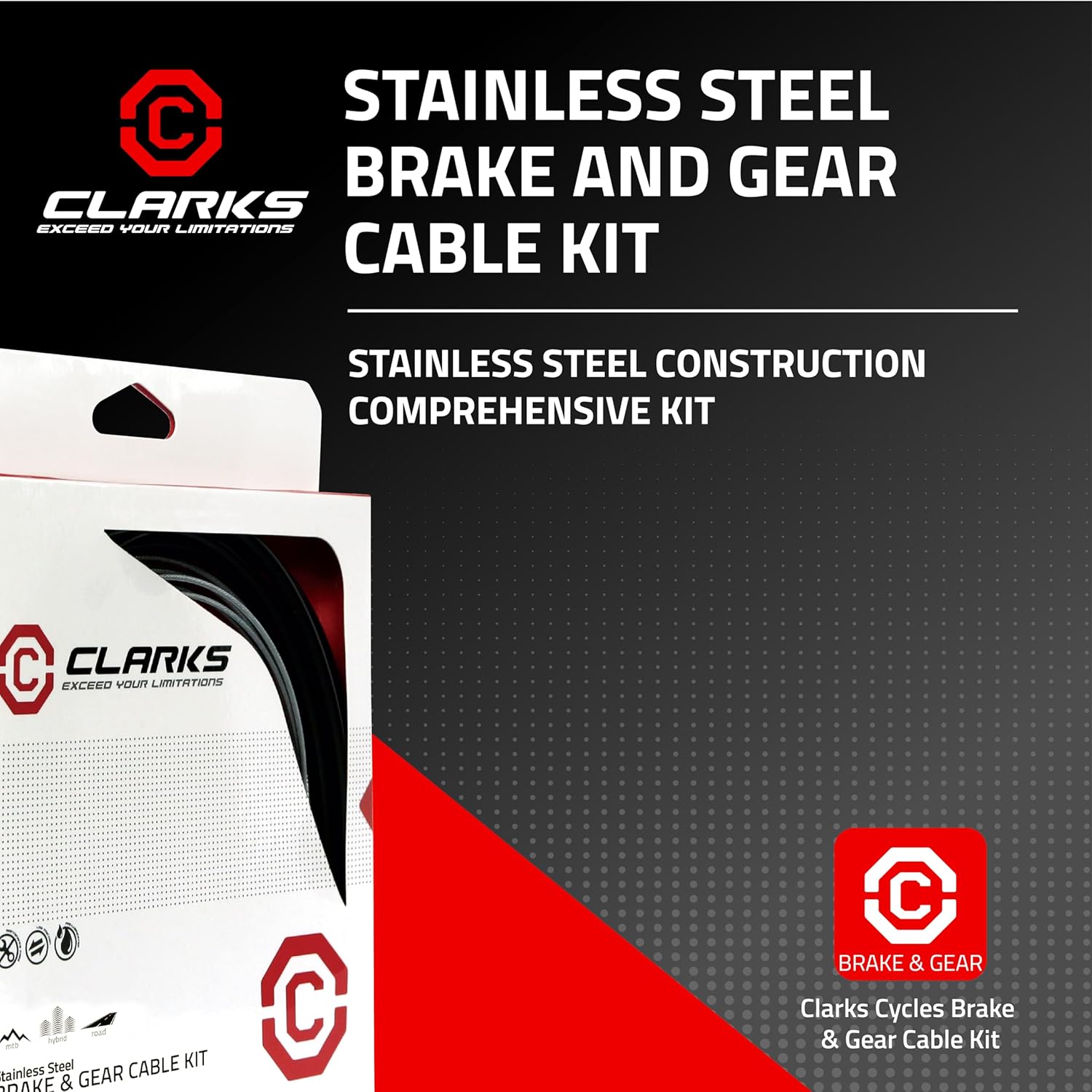 Clarks Stainless Steel Brake and Gear Cable Kit - Black, Universal Brake & Gear Wires with Standard Outer Casings for Mountain Bikes (MTB), Hybrid & Road Bikes