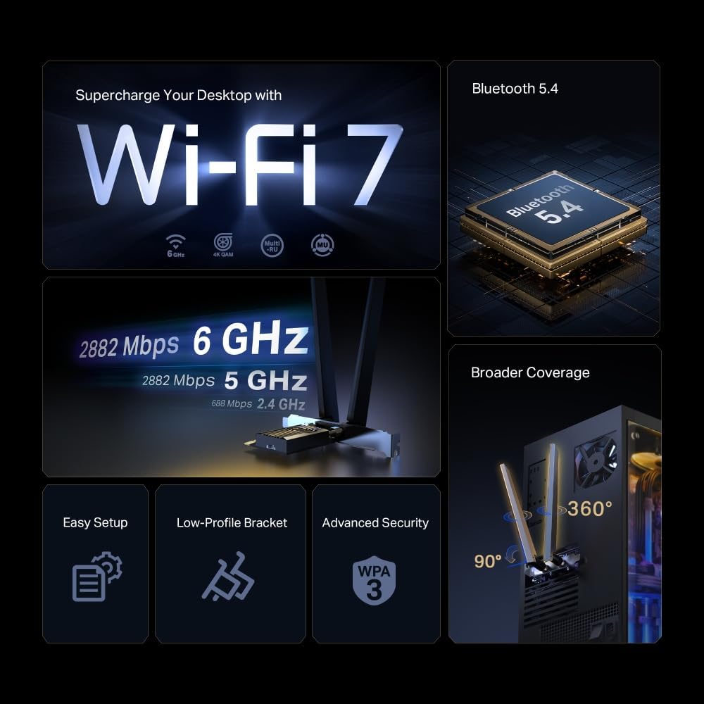 TP-Link Archer TBE400E BE6500 4K-QAM Wi-Fi 7 Bluetooth 5.4 PCIe Adapter, Tri-Band Speeds up to 2882 Mbps, OFDMA and MU-MIMO, Low-Profile Bracket, Refined Security, Wider Signal Coverage, Easy Setup