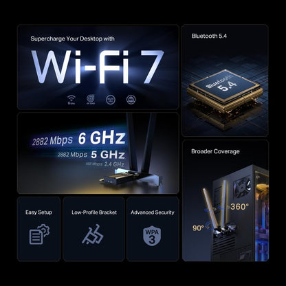 TP-Link Archer TBE400E BE6500 4K-QAM Wi-Fi 7 Bluetooth 5.4 PCIe Adapter, Tri-Band Speeds up to 2882 Mbps, OFDMA and MU-MIMO, Low-Profile Bracket, Refined Security, Wider Signal Coverage, Easy Setup