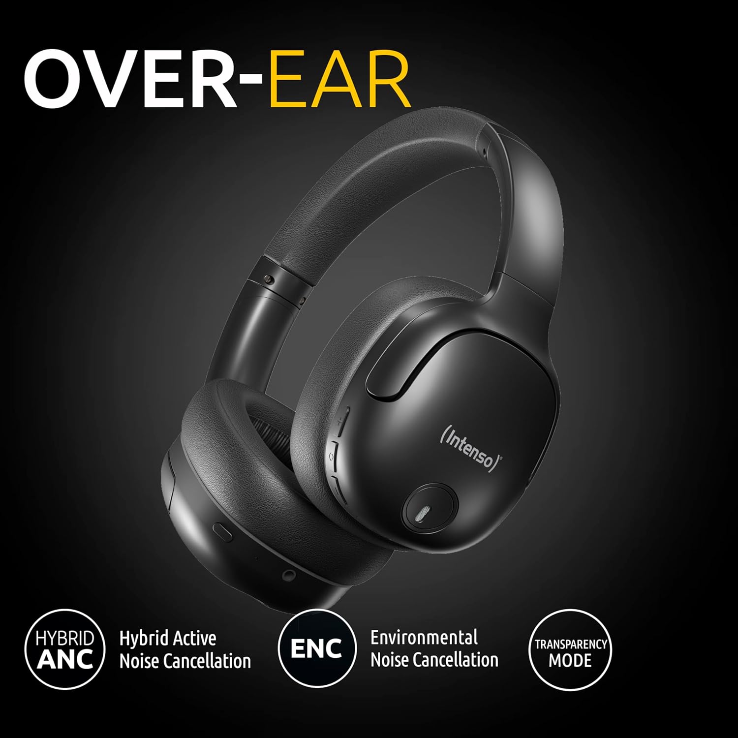 Intenso O400HA Cuffie Over-Ear – Hybrid Active Noise Cancelling, fino a 75 ore di autonomia e Bluetooth 5.3, con modalità musica, modalità trasparente e tempo di ricarica veloce, nero