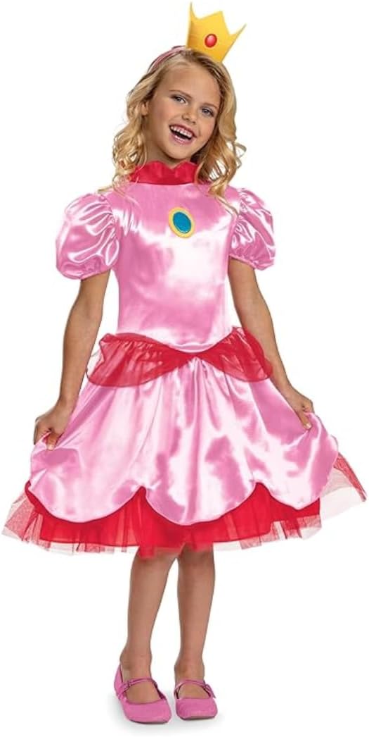 Nintendo Super Mario Princess Peach Fancy Dress for Kids, Officially Licensed by Disguise, Peach Costume for Girls, Includes Iconic Crown with Pink Layered Dress, for ages 3-4, 4-6, 7-8 years